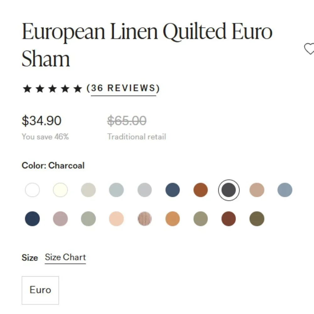 Quince European Linen Quilted Euro Sham Charcoal 5⭐Customer Reviews 26x26 - Picture 2 of 7